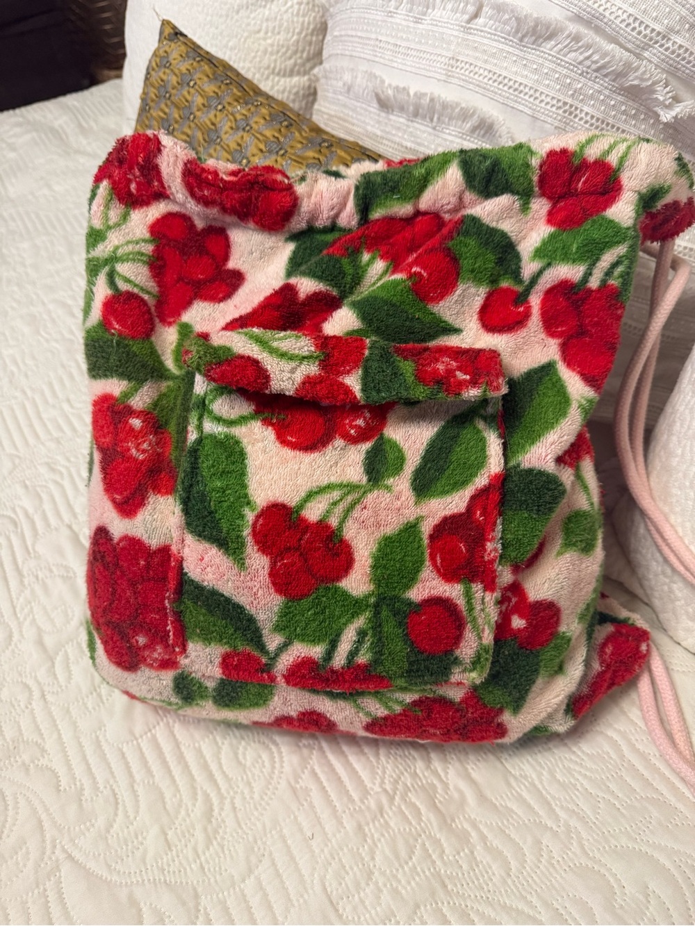 Juicy Couture Plush Cherry Drawstring Backpack - Pink Red Green